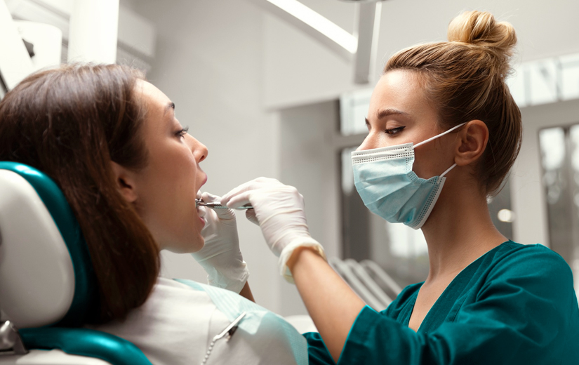 Dentista realizando una revisión de cáncer oral a un paciente en la consulta