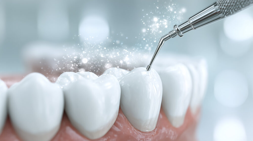 Ilustración 3D de limpieza dental con sistema air flow en una clínica dental moderna