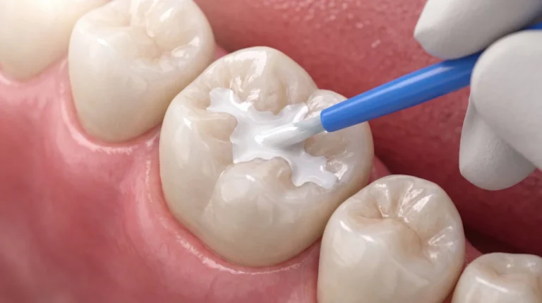 Ilustración 3D de la aplicación de un sellador dental sobre las fisuras de un molar